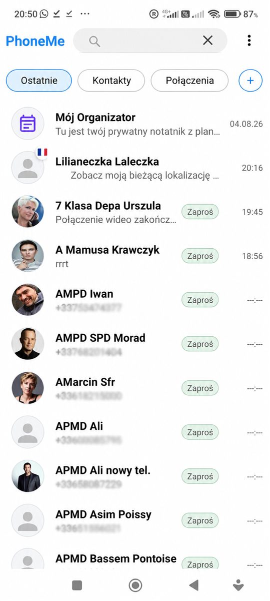 Lista rozmów w PhoneMe