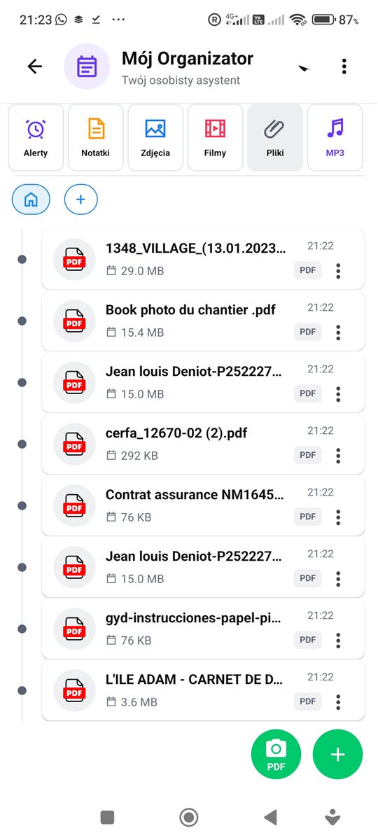 Zakładka Pliki z dokumentami PDF w Organizatorze PhoneMe