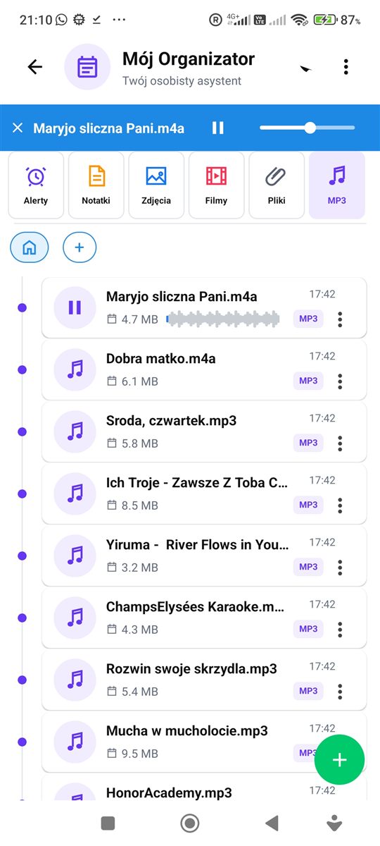 Zakładka MP3 w Organizatorze PhoneMe z odtwarzaczem
