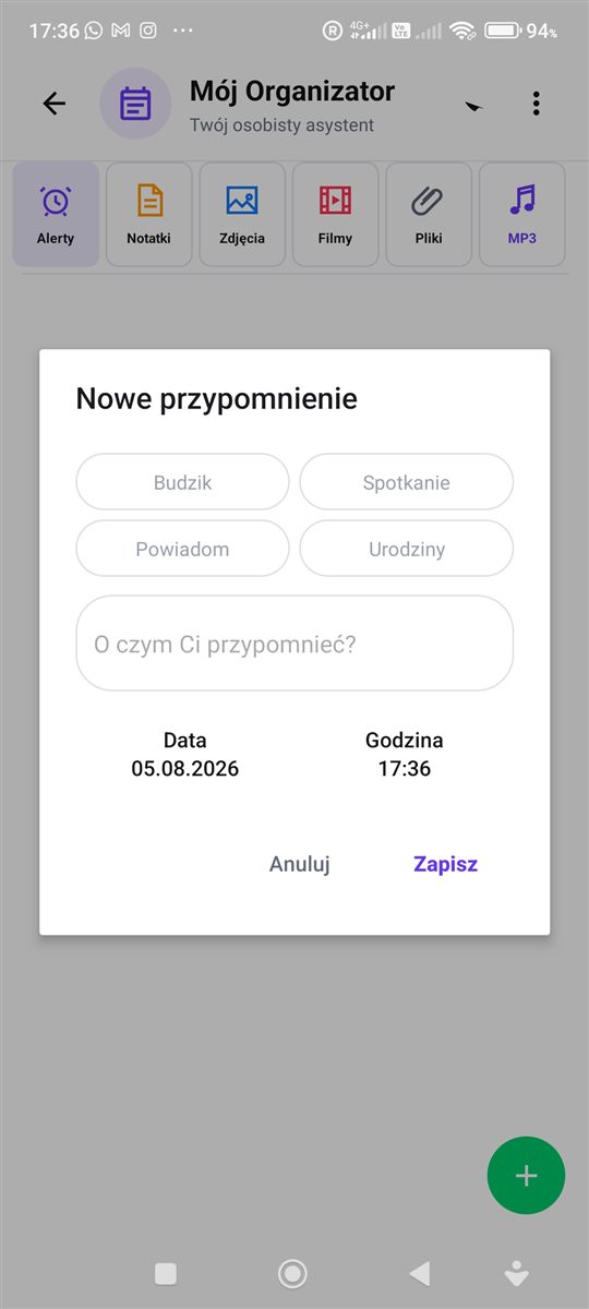 Nowe przypomnienie w Organizatorze PhoneMe – budzik, spotkanie, powiadomienie, urodziny