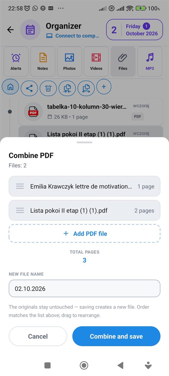 Merging PDF files in PhoneMe
