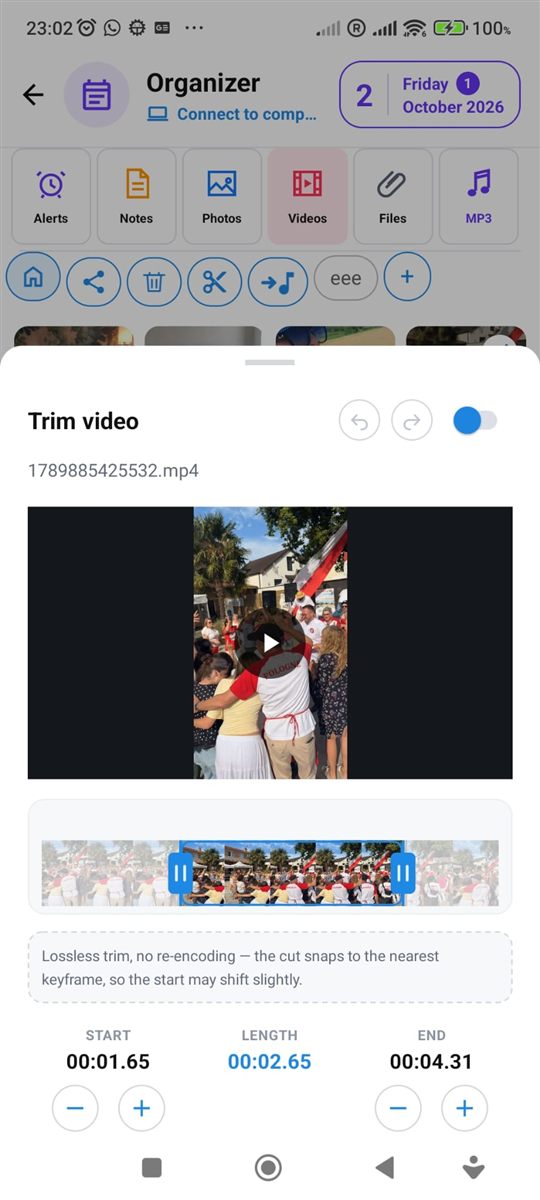 Przycinanie filmu w PhoneMe