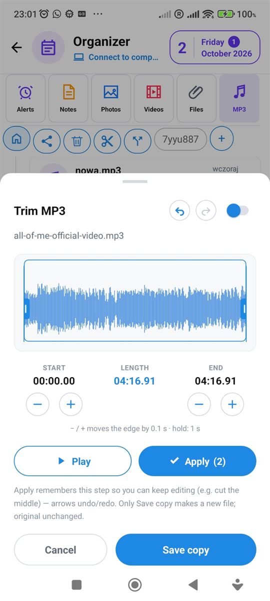 Trim MP3 in the PhoneMe Organizer