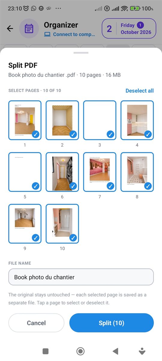 Split PDF with page thumbnails in the PhoneMe Organizer