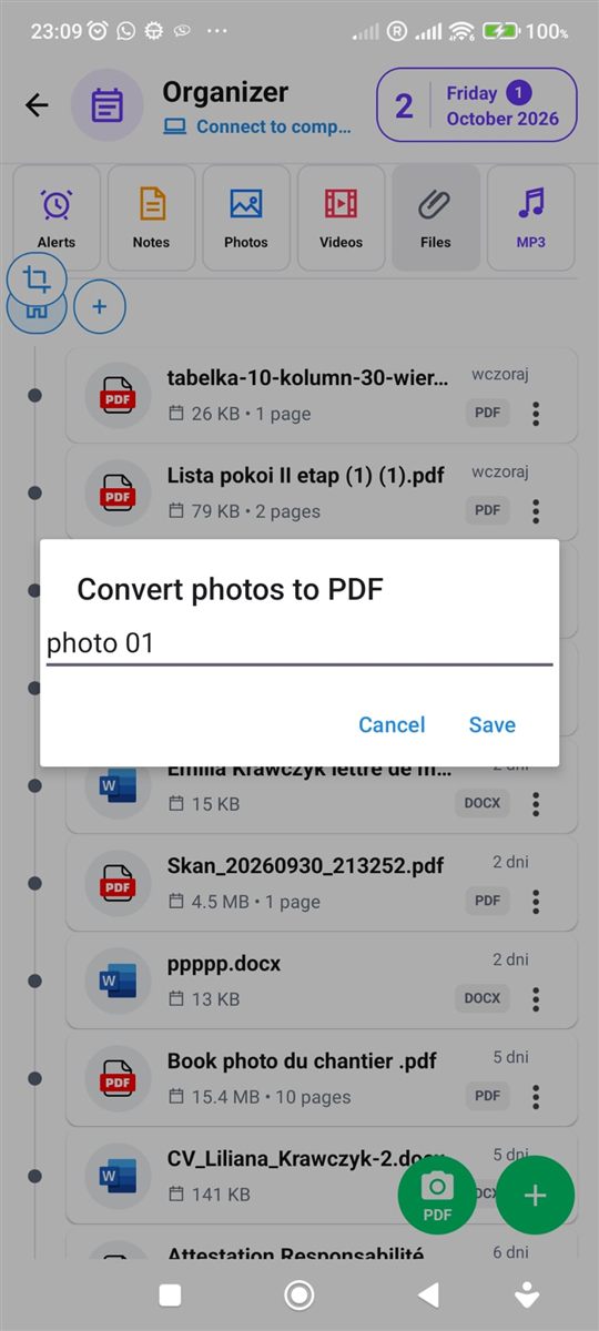 Convert photos to PDF in the PhoneMe Organizer